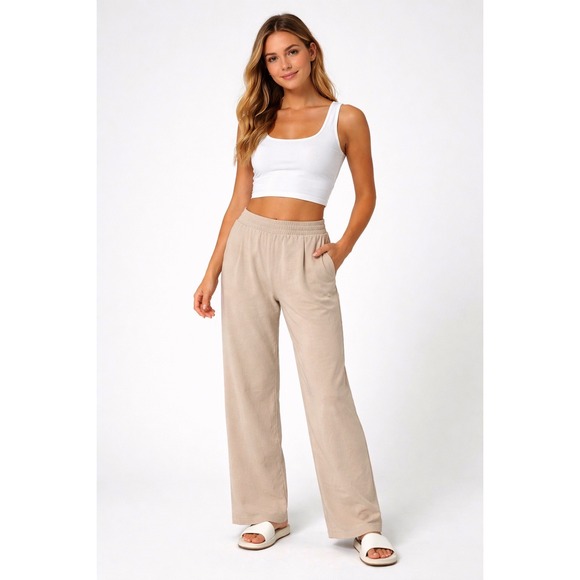 Zara Pants - ZARA Beige Wide Leg Cropped Pants Elastic Waist Pockets XL Minimalist Chic 97-44